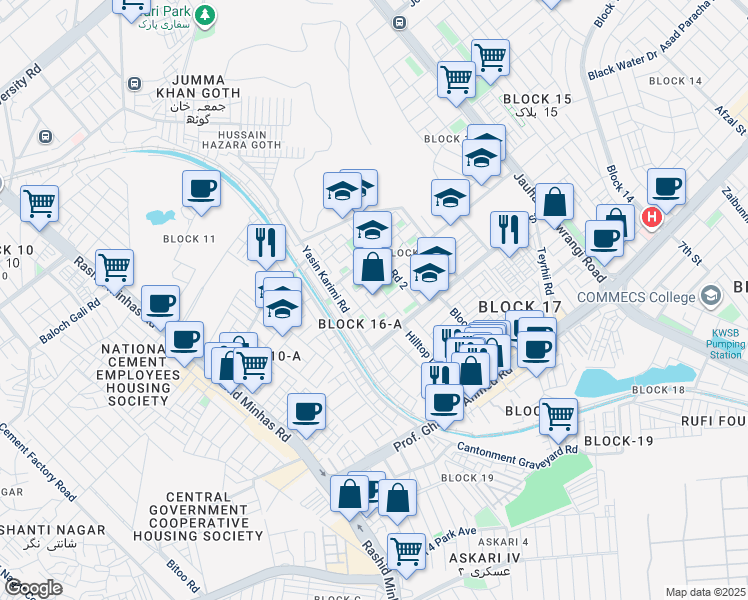 map of restaurants, bars, coffee shops, grocery stores, and more near Johar Street in Karachi