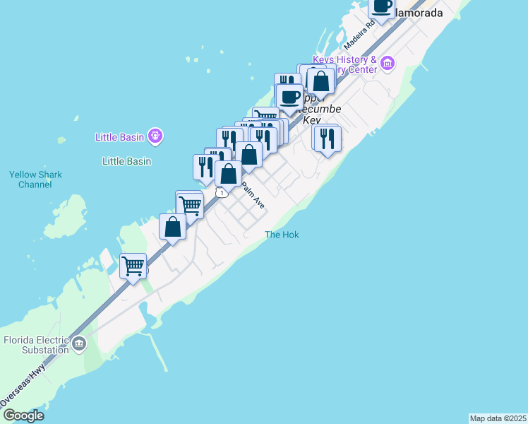 map of restaurants, bars, coffee shops, grocery stores, and more near 314 Palm Avenue in Islamorada