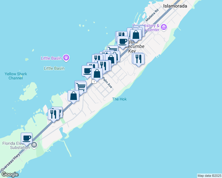 map of restaurants, bars, coffee shops, grocery stores, and more near 314 Palm Avenue in Islamorada