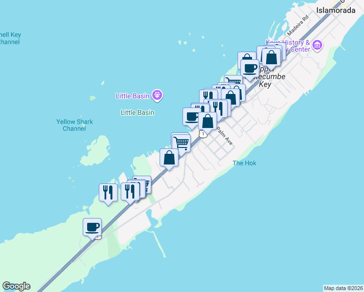map of restaurants, bars, coffee shops, grocery stores, and more near 81486 Overseas Highway in Islamorada