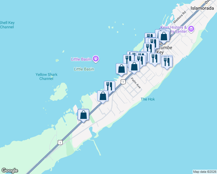 map of restaurants, bars, coffee shops, grocery stores, and more near 81486 Overseas Highway in Islamorada