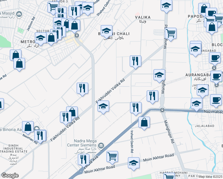 map of restaurants, bars, coffee shops, grocery stores, and more near 33 Textile Avenue in Karachi