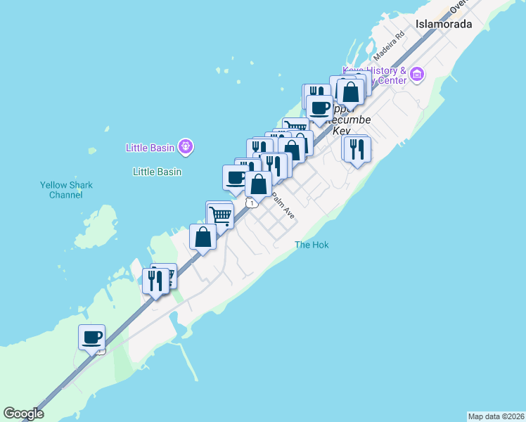 map of restaurants, bars, coffee shops, grocery stores, and more near 210 Jerome Avenue in Islamorada