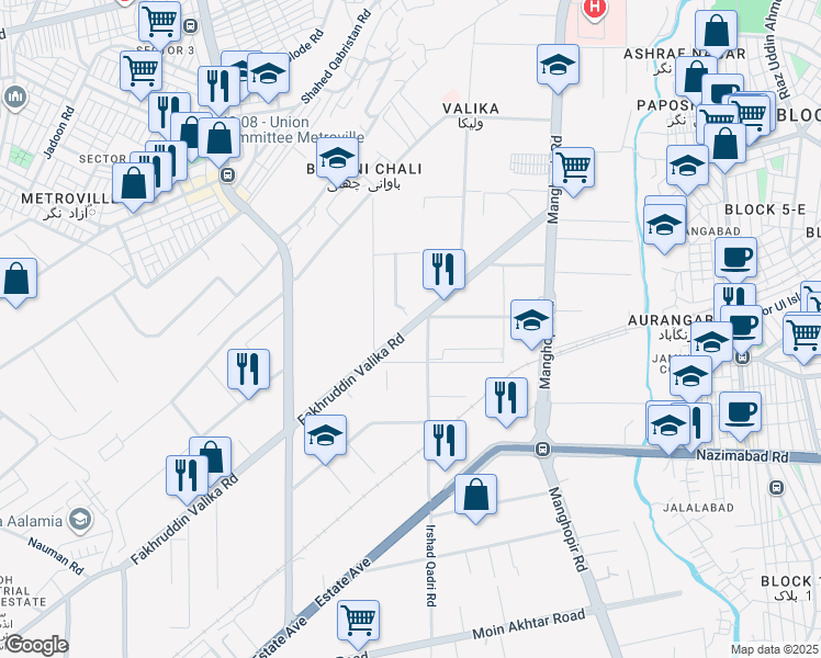 map of restaurants, bars, coffee shops, grocery stores, and more near 33 Textile Avenue in Karachi