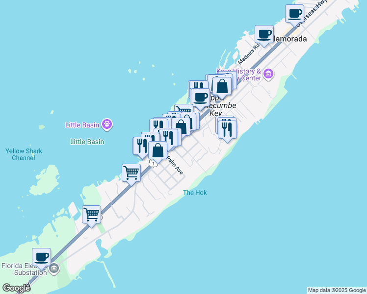 map of restaurants, bars, coffee shops, grocery stores, and more near 102 Preston Road in Islamorada