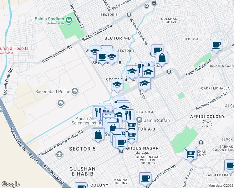 map of restaurants, bars, coffee shops, grocery stores, and more near Altaf Hussain Road in Karachi