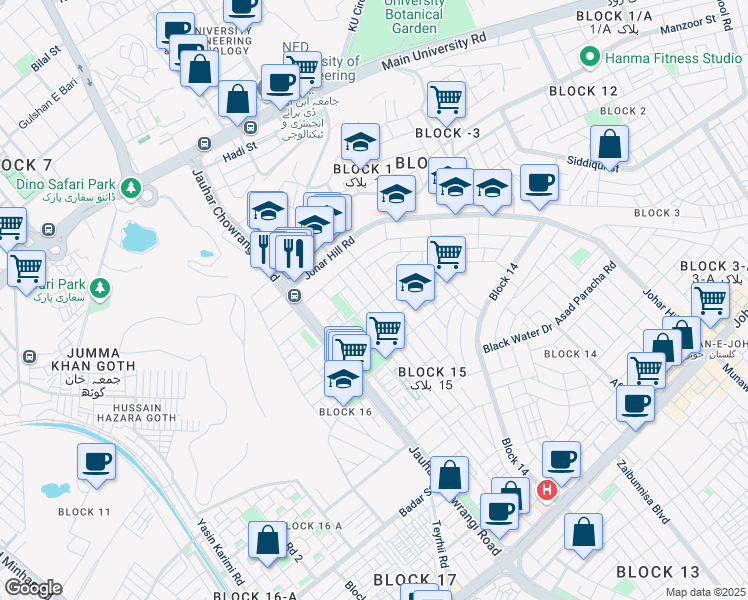 map of restaurants, bars, coffee shops, grocery stores, and more near Johar Street in Karachi