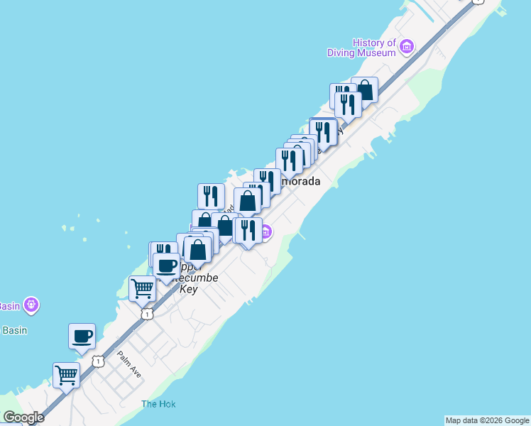 map of restaurants, bars, coffee shops, grocery stores, and more near 82200 Old Highway in Islamorada