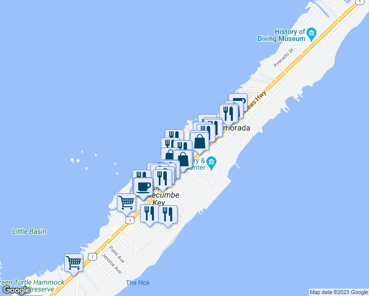 map of restaurants, bars, coffee shops, grocery stores, and more near 112 Madeira Road in Islamorada