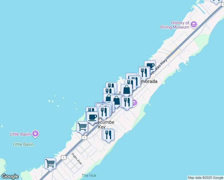 map of restaurants, bars, coffee shops, grocery stores, and more near 112 Madeira Road in Islamorada