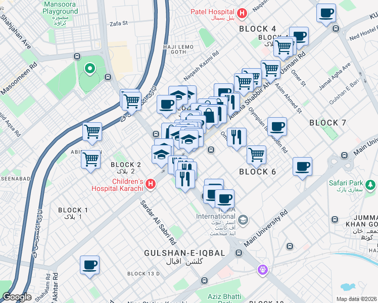 map of restaurants, bars, coffee shops, grocery stores, and more near Allama Shabbir Ahmed Usmani Road in Karachi