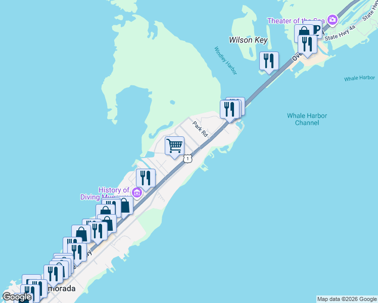 map of restaurants, bars, coffee shops, grocery stores, and more near 83303 Overseas Highway in Islamorada