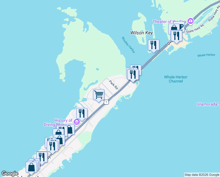 map of restaurants, bars, coffee shops, grocery stores, and more near 125 North Hammock Road in Islamorada