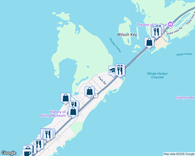 map of restaurants, bars, coffee shops, grocery stores, and more near 33 Park Road in Islamorada