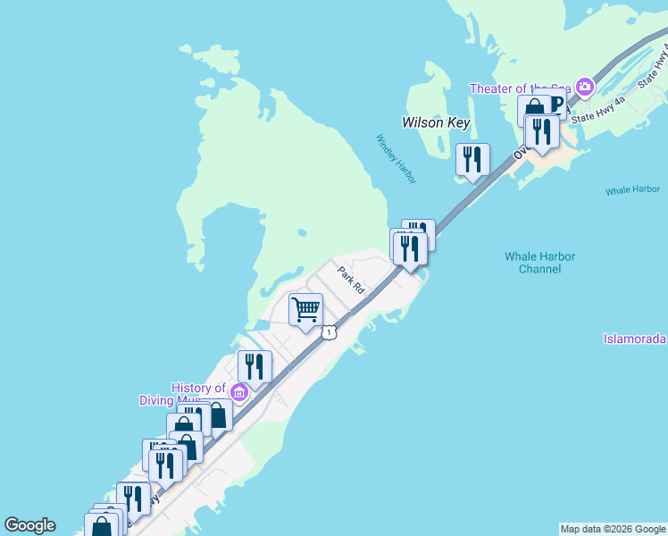 map of restaurants, bars, coffee shops, grocery stores, and more near 33 Park Road in Islamorada