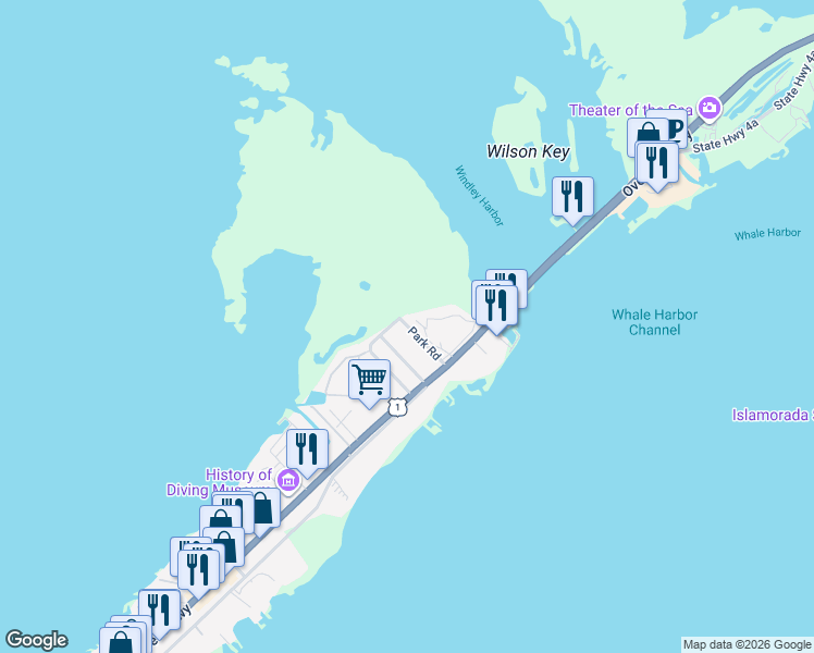 map of restaurants, bars, coffee shops, grocery stores, and more near 33 Park Road in Islamorada
