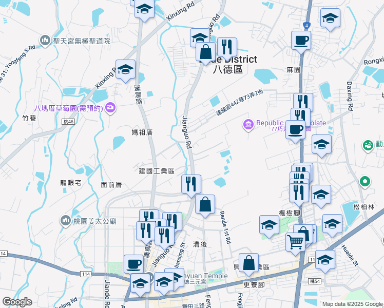 map of restaurants, bars, coffee shops, grocery stores, and more near 386-1 Jianguo Road in Bade District