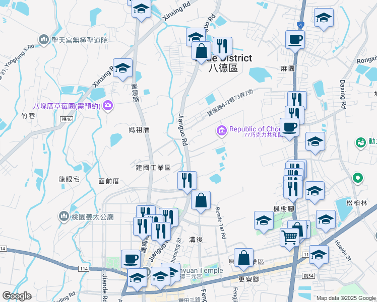 map of restaurants, bars, coffee shops, grocery stores, and more near 386-1 Jianguo Road in Bade District