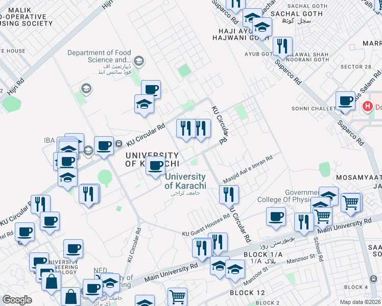 map of restaurants, bars, coffee shops, grocery stores, and more near KU Circular Road in Karachi