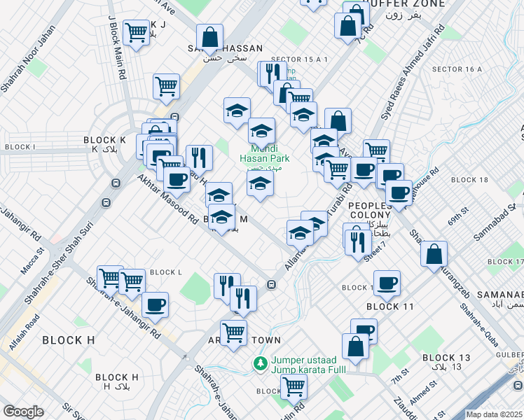 map of restaurants, bars, coffee shops, grocery stores, and more near 332 13th Street South in Karachi