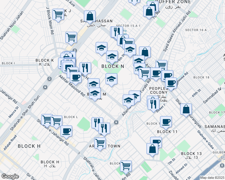 map of restaurants, bars, coffee shops, grocery stores, and more near 332 13th Street South in Karachi