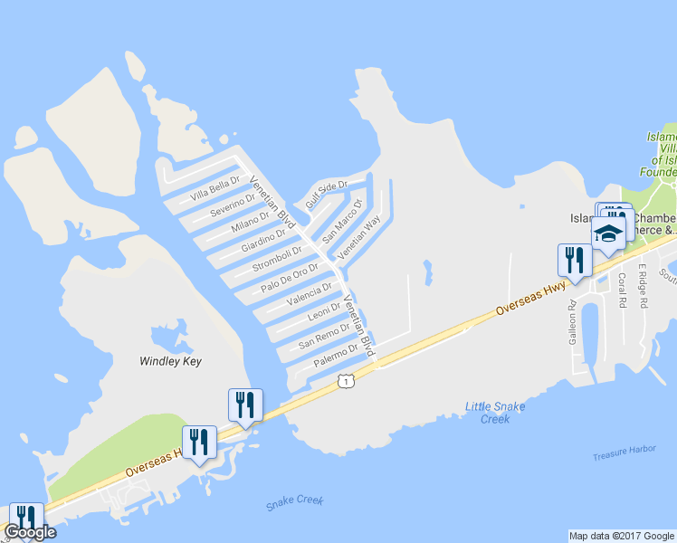 map of restaurants, bars, coffee shops, grocery stores, and more near Venetian Boulevard in Islamorada