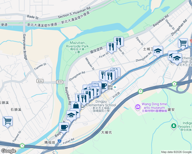 map of restaurants, bars, coffee shops, grocery stores, and more near 3-1 Minquan Street in Tucheng District