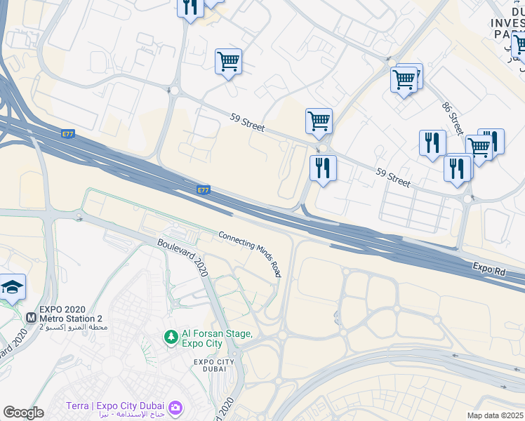 map of restaurants, bars, coffee shops, grocery stores, and more near Expo Road in Dubai