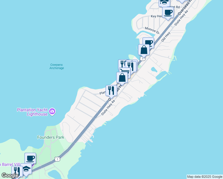 map of restaurants, bars, coffee shops, grocery stores, and more near 176 Plantation Boulevard in Islamorada