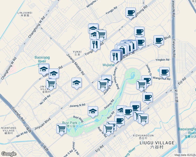 map of restaurants, bars, coffee shops, grocery stores, and more near Jin Yuan Da Dao in Kun Ming Shi