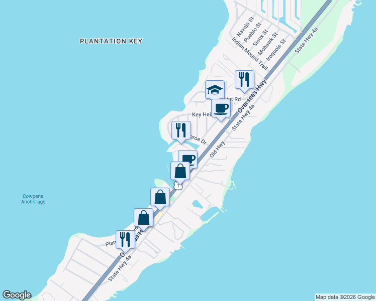 map of restaurants, bars, coffee shops, grocery stores, and more near 139 Airstream Lane in Tavernier
