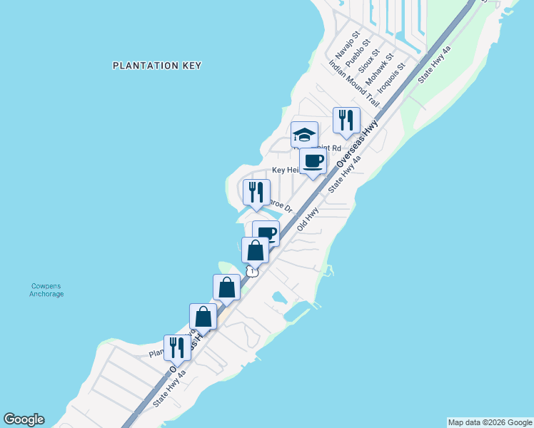 map of restaurants, bars, coffee shops, grocery stores, and more near 139 Airstream Lane in Tavernier
