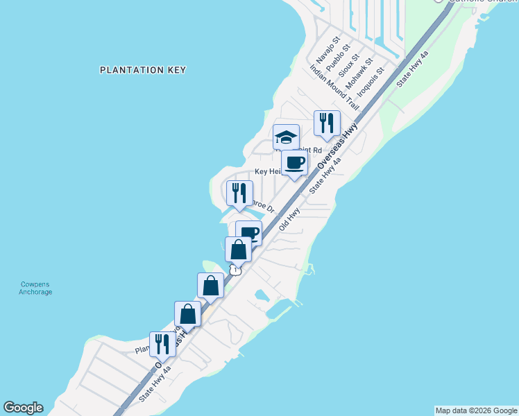 map of restaurants, bars, coffee shops, grocery stores, and more near 88600-88698 Overseas Hwy in Tavernier
