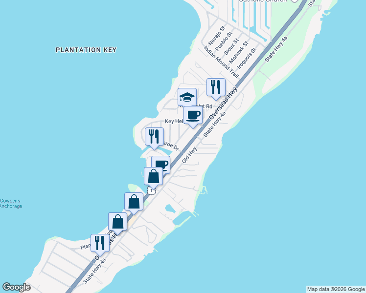 map of restaurants, bars, coffee shops, grocery stores, and more near 88600-88698 Overseas Hwy in Tavernier