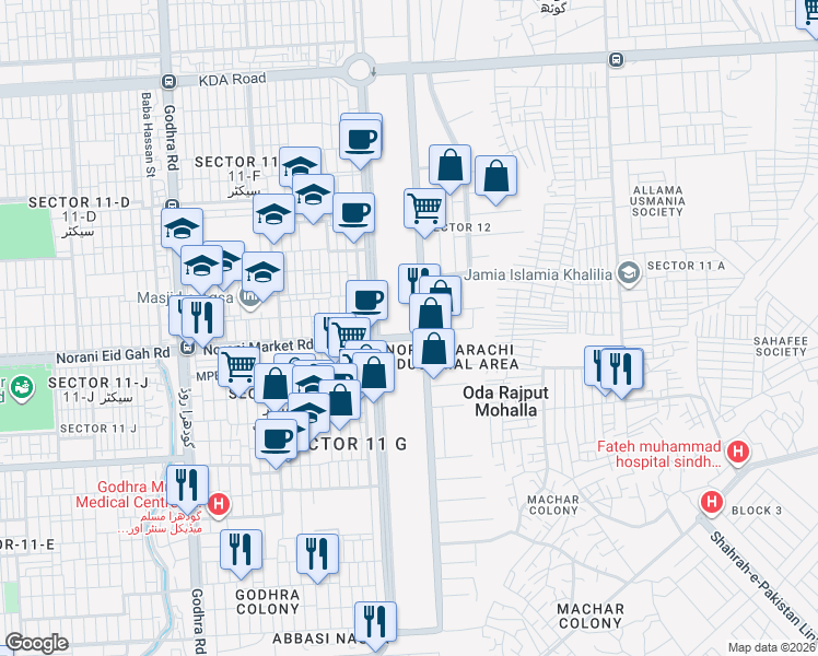 map of restaurants, bars, coffee shops, grocery stores, and more near Godhra Road in Karachi