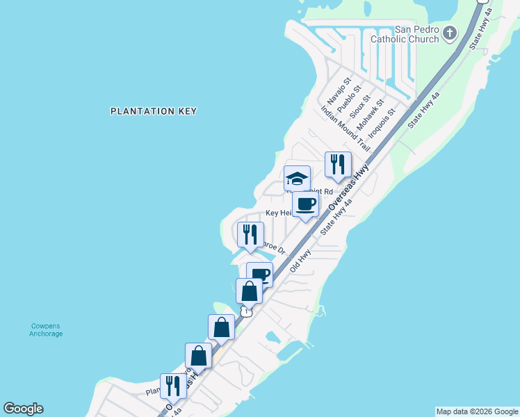 map of restaurants, bars, coffee shops, grocery stores, and more near 144 Key Heights Drive in Tavernier