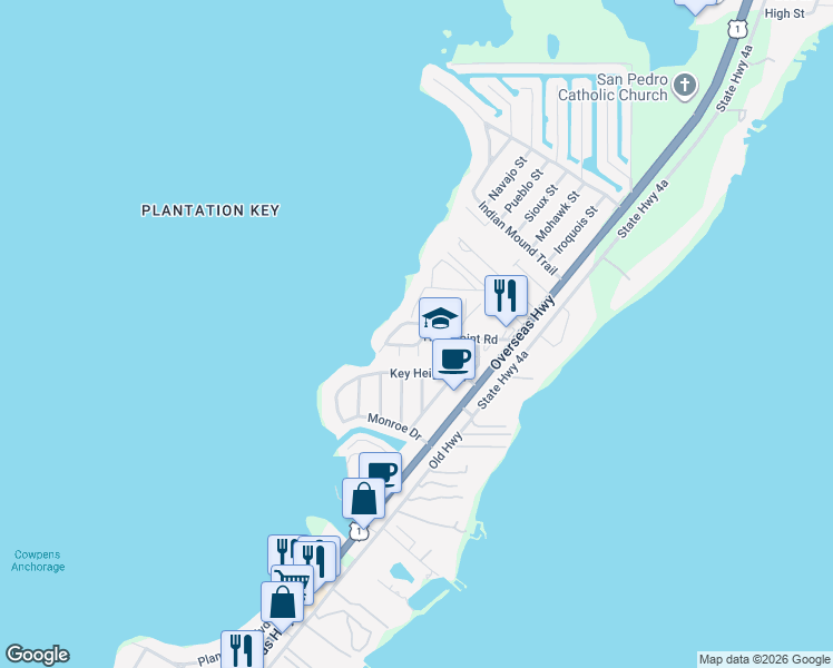 map of restaurants, bars, coffee shops, grocery stores, and more near 122 North Rolling Hill Road in Tavernier