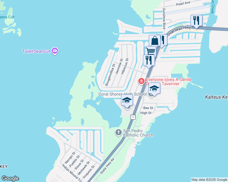 map of restaurants, bars, coffee shops, grocery stores, and more near 321 Woods Avenue in Tavernier