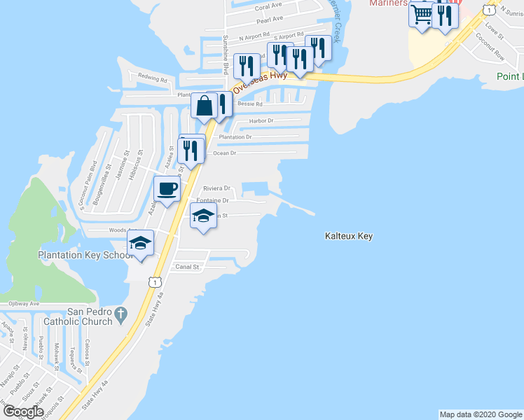 map of restaurants, bars, coffee shops, grocery stores, and more near 18852 Wrenn Street in Tavernier