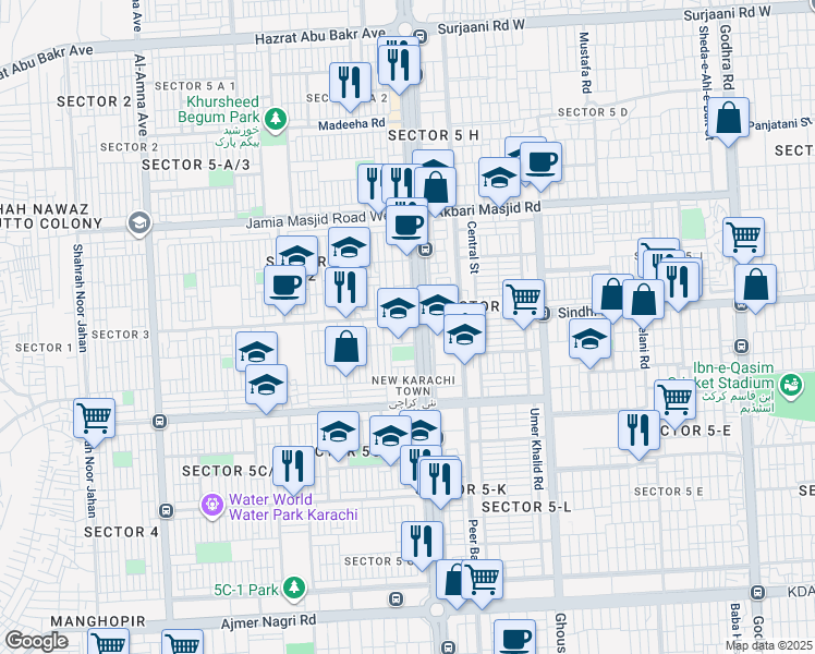 map of restaurants, bars, coffee shops, grocery stores, and more near Shahrah-e-Usman in Karachi