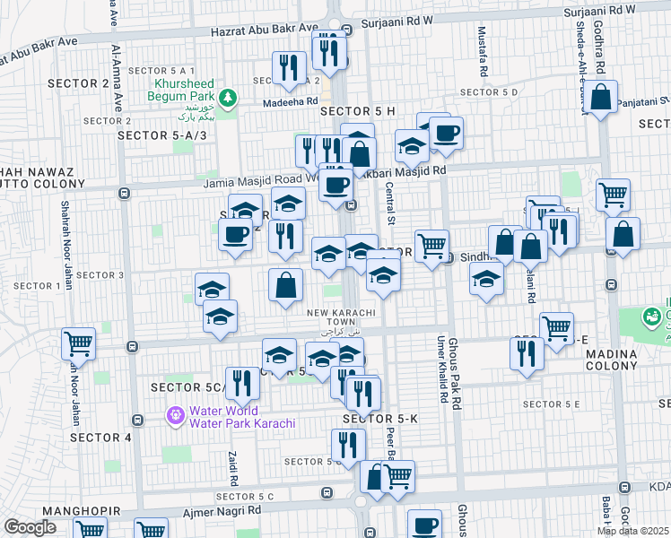 map of restaurants, bars, coffee shops, grocery stores, and more near Shahrah-e-Usman in Karachi