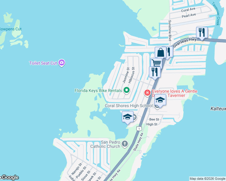 map of restaurants, bars, coffee shops, grocery stores, and more near 200-264 Bougenvillea Street in Tavernier