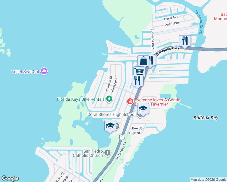map of restaurants, bars, coffee shops, grocery stores, and more near 214 Hibiscus Street in Tavernier