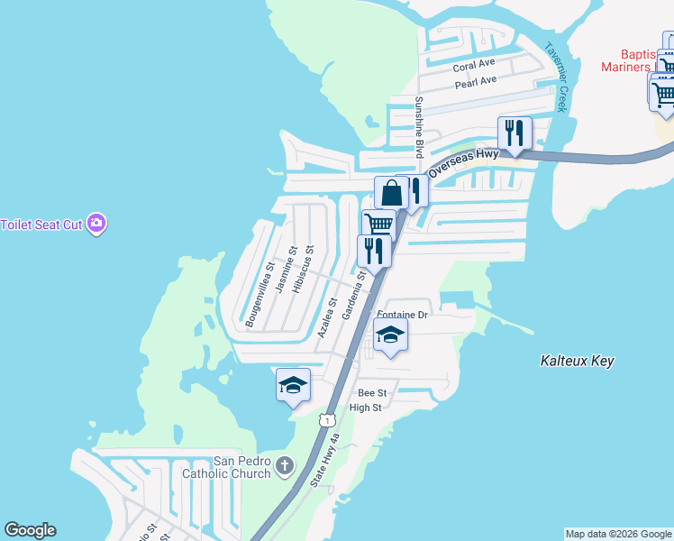 map of restaurants, bars, coffee shops, grocery stores, and more near 195 Azalea Street in Tavernier