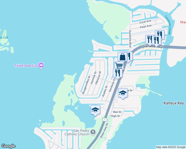 map of restaurants, bars, coffee shops, grocery stores, and more near 212 Jasmine Street in Tavernier