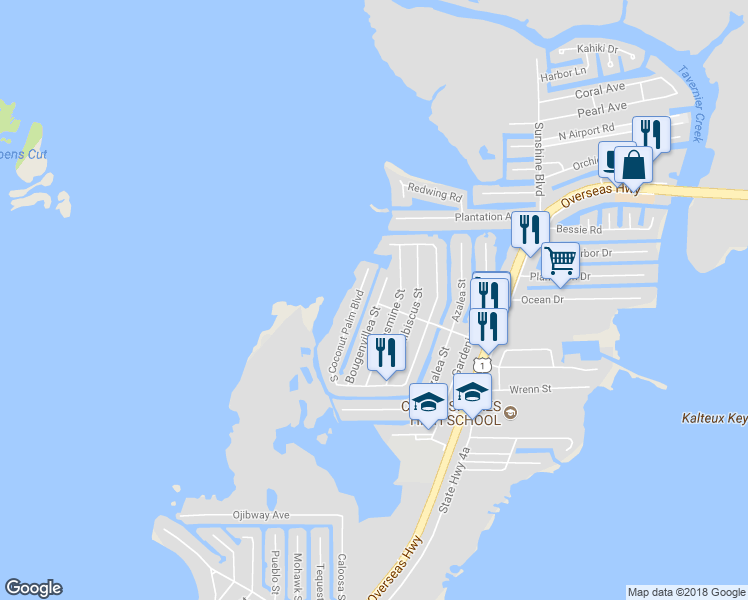 map of restaurants, bars, coffee shops, grocery stores, and more near 179 Bougainvillea Street in Tavernier