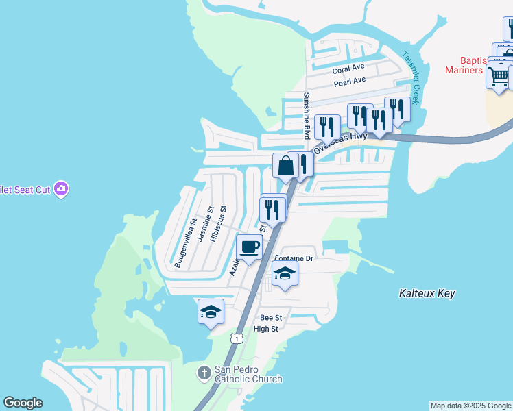 map of restaurants, bars, coffee shops, grocery stores, and more near 154 Azalea Street in Tavernier