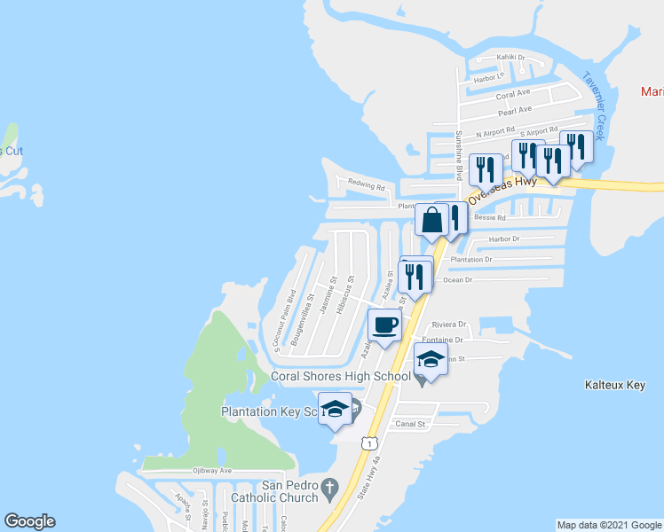 map of restaurants, bars, coffee shops, grocery stores, and more near 159 Jasmine Street in Tavernier