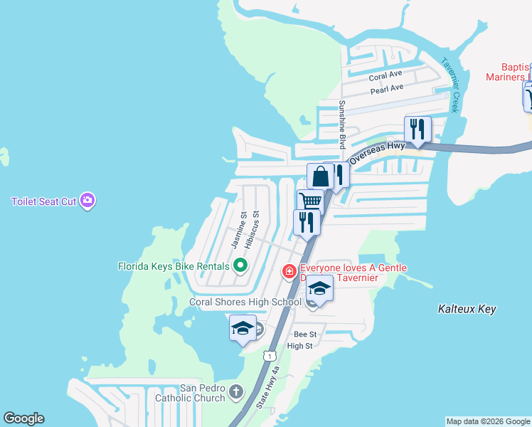 map of restaurants, bars, coffee shops, grocery stores, and more near 173 North Coconut Palm Boulevard in Tavernier