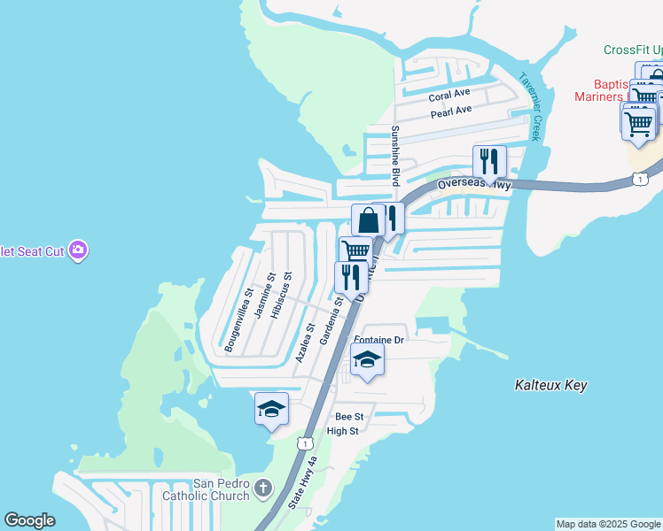 map of restaurants, bars, coffee shops, grocery stores, and more near 154 Azalea Street in Tavernier